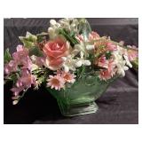 Green pressed glass handled basket with flower