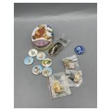 (w)Vintage collection tin and pins