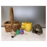 M- Yellow chick dish, hazel squirrel, basket,