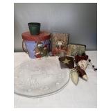 L- Holiday decor. Snowman bucket, Santa tin,