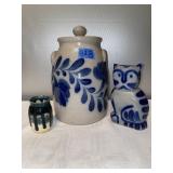 L- 10in crock with lid, smaller crock and signed