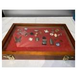 L- lot of pins, fish, bullets, American flags,