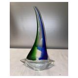 K- Art Glass Sailboat Sculpture Blue/Green Clear