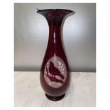 G- red vase with frosted bird picture.