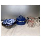 G- Pyrex measuring cups, pan with lid and 2