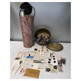 T- tin of buttons and knitting needles