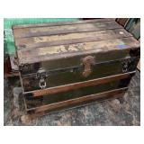 Vintage Brown Black Metal & Wood Steamer Trunk