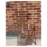 BT) Outdoor tools including two shovels saw and