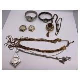 R4) Watches along with watch parts and a necklace
