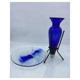(R15) Cobalt  Vase with Metal Stand  12 inches