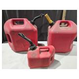Gas plastic jugs, two 5 Gallons & one 1 Gallon