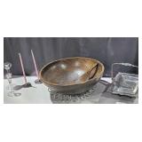Lg Wooden Bowl, Metal Trivet, Silver-Plate