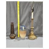 Glass Vase, Pottery Vase and a Lamp