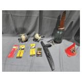 Fishing reels, Ball jar fitted w oil spout & more