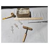 Glass candle holders, corn cob pipe, Button hook
