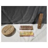 Vtg wood pencil boxes, trinket basket