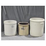 Stoneware Crocks: 2 gal bee sting, 3 gal, 5 gal