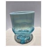 Opalescent Blue Glass Celery Vase Manila Wreath &
