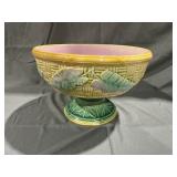 Antique Majolica Footed Fruit Bowl Leaf & Basket