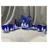 Fenton Cobalt Blue Mary Gregory water Pitcher & 4