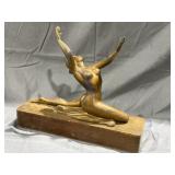 Art Deco Gilded Metal Nude Dancer on Wood Block