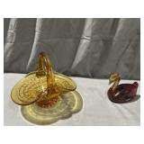 Amber Glass Basket & Amber Swan Paper Weight