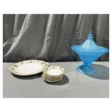 Blue Satin Lidded Candy Dish & Nippon Serving
