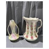 Ceramic Double Handled Vase & (1) Tall Porcelain