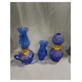 Cobalt blue hob nail oil lamp grape apple vine