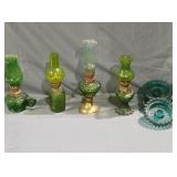 4 green glass oil lamps 3 green glass candle