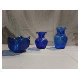 3 Cobalt blue glass pieces vases x2 dish x1