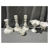 White Fenton Candle sticks , Compotes & cup