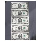 Set of 5 Uncirculated Sequential $2 Dollar Bills
