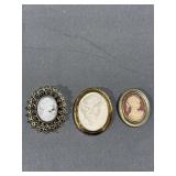 (3) Craved Gold Tone Cameos Brooches