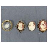 (4) Carved Gold Tone Cameo Brooches