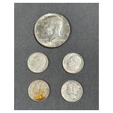 (4) 90% Silver US Dimes & (1) 40% US Half Dollar
