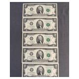 (5) 2013 $2 Bill Sequential Serial Number