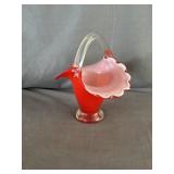 Hand Blown Red & White Glass Handled Basket