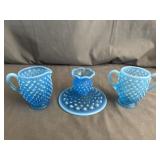 Fenton Blue Opalescent Hobnail Creamer & Sugar