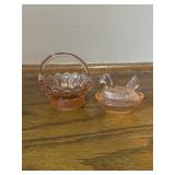 Miniature Pink Glass Bird on Nest & Basket
