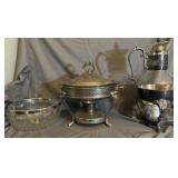 Silver Plated Chafing Dish, Glass Coffee Carafe,