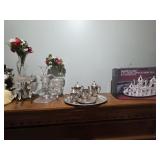 Glass Candelabra and Silver-Plate Miniature Tea