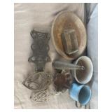 Pewter Candle Snuffer, Enamel Bowls, Cast Iron