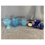 (3) Blue Glass Cups & (2) Cobalt Blue Glass Vases