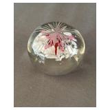 Signed Art Glass Etched Paperweight Pink Flower