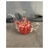 Joe Rice Art Glass Teapot Red Swirl Paperweight