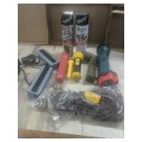 Flashlight, bungee cords, super spray and more