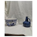 19" Across blue and white rooster bowl
Clay