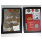Lot 11& 12, (11,  16 misc casino tokens Lot 12,5 medalions & Americas first silver dollar, Replica 