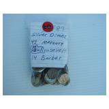 Lot 60, Lot of 87 Silver dimes, 47 mercury, 26 Roosvelt & 14 Barber